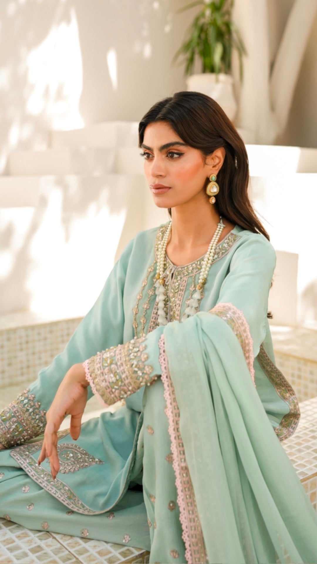 Pakistani Mint Embroidered Viscose Silk Salwar Kameez (3-Piece) - Image 7