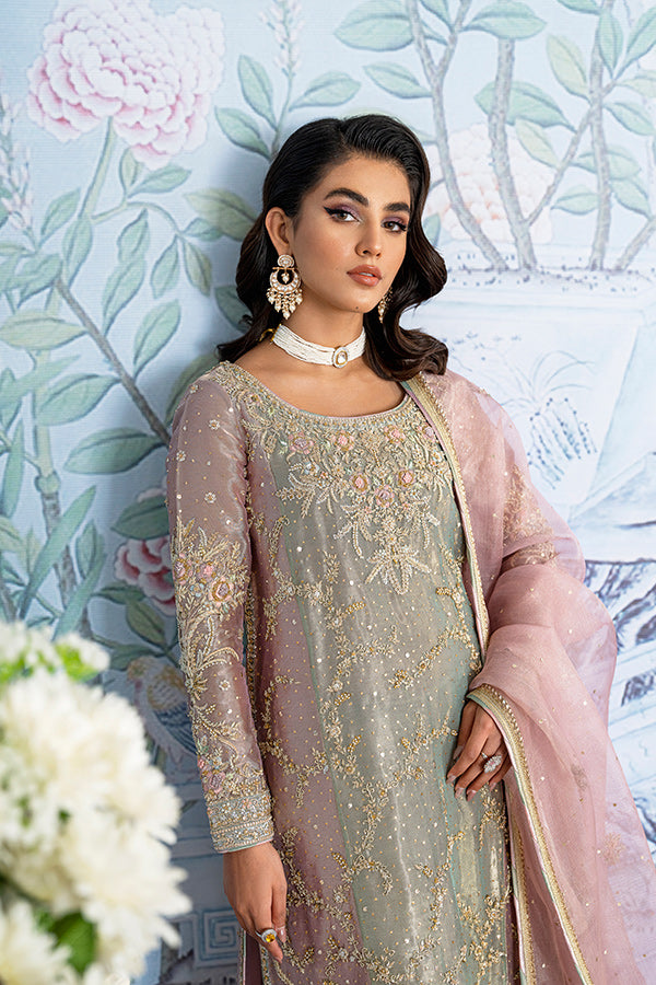 Pistachio Lilac Zari Net Salwar Kameez (3-Piece) - Image 1