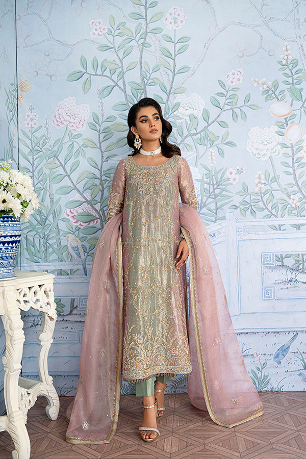 Pistachio Lilac Zari Net Salwar Kameez (3-Piece) - Image 2