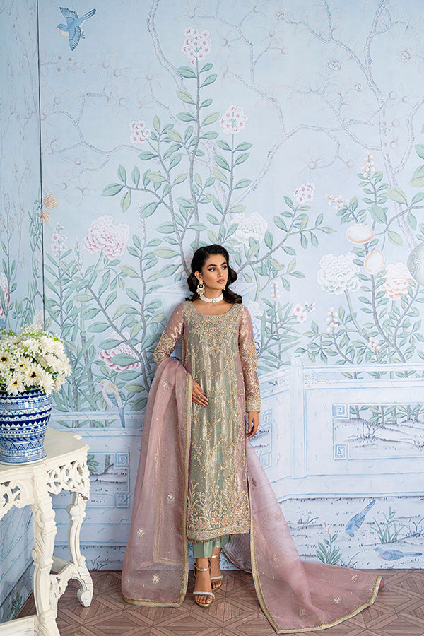 Pistachio Lilac Zari Net Salwar Kameez (3-Piece) - Image 3