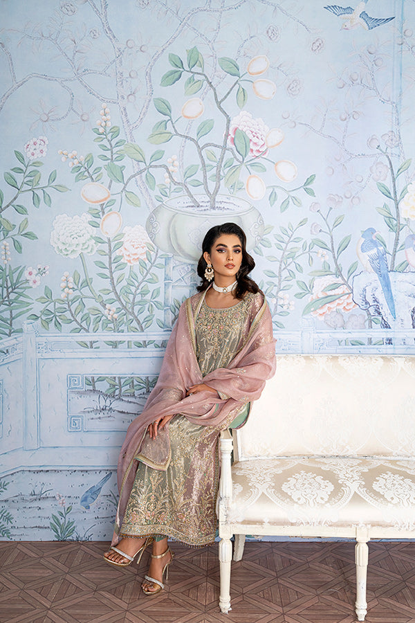 Pistachio Lilac Zari Net Salwar Kameez (3-Piece) - Image 5