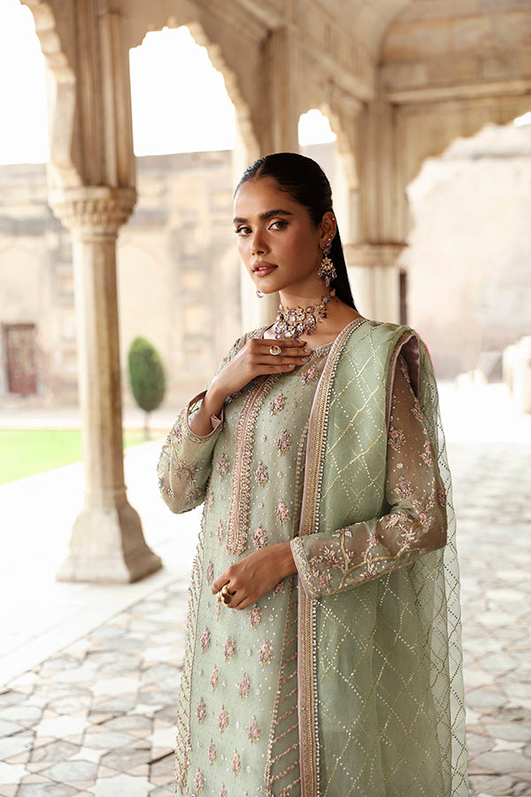 Pakistani Sage Green Embroidered Zari Net Salwar Kameez (3-Piece) - Image 1