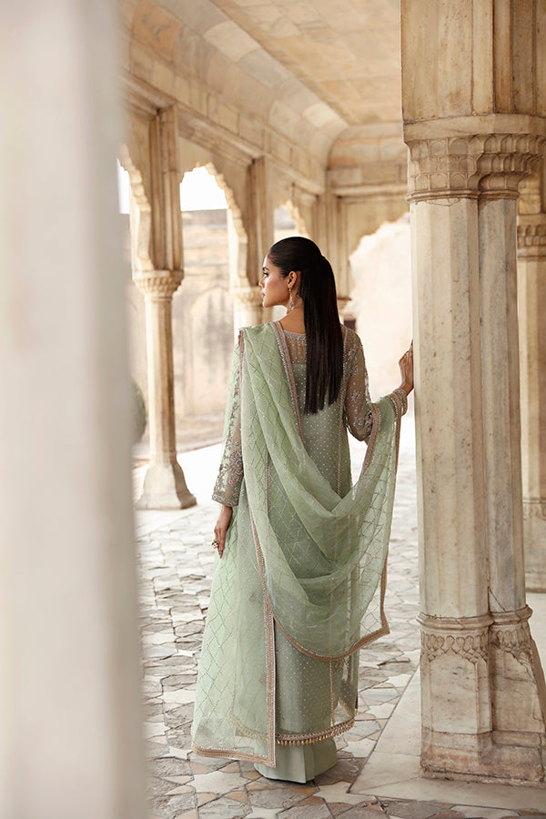 Pakistani Sage Green Embroidered Zari Net Salwar Kameez (3-Piece) - Image 2