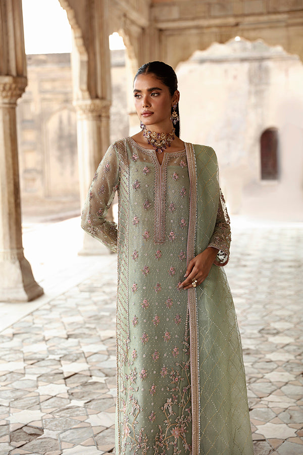 Pakistani Sage Green Embroidered Zari Net Salwar Kameez (3-Piece) - Image 3