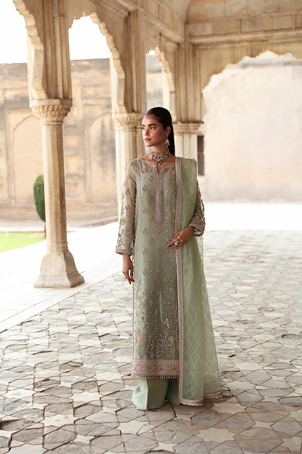 Pakistani Sage Green Embroidered Zari Net Salwar Kameez (3-Piece) - Image 4
