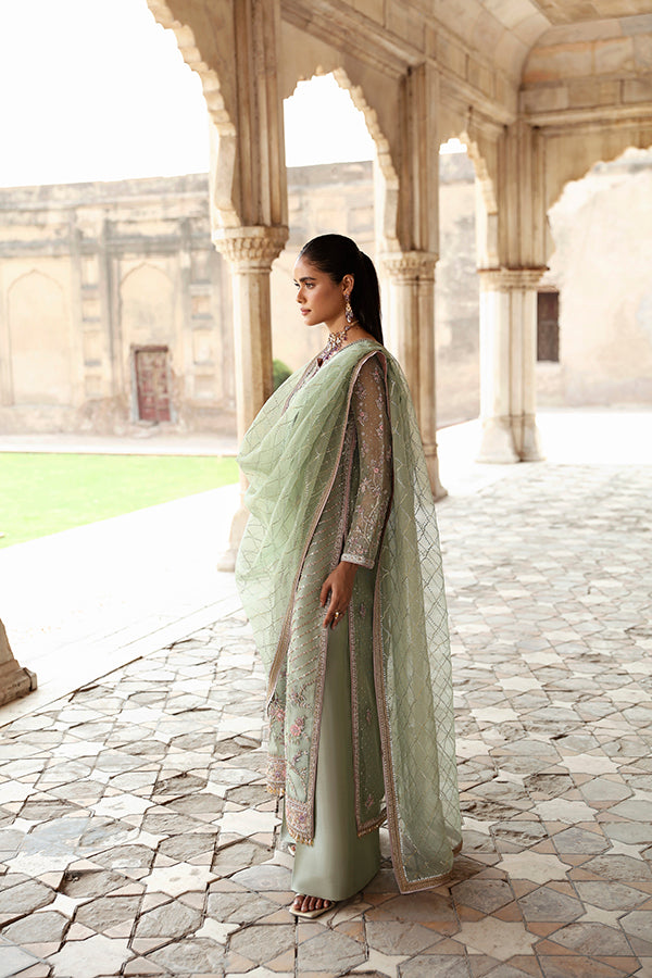 Pakistani Sage Green Embroidered Zari Net Salwar Kameez (3-Piece) - Image 5