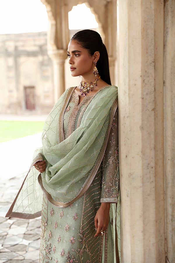 Pakistani Sage Green Embroidered Zari Net Salwar Kameez (3-Piece) - Image 6