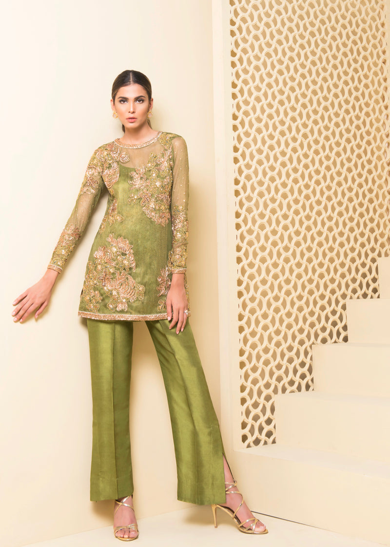 Olive Green Embellished Zari Net Salwar Kameez (2-Piece) - Image 1