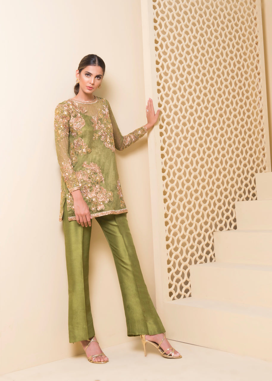Olive Green Embellished Zari Net Salwar Kameez (2-Piece) - Image 4