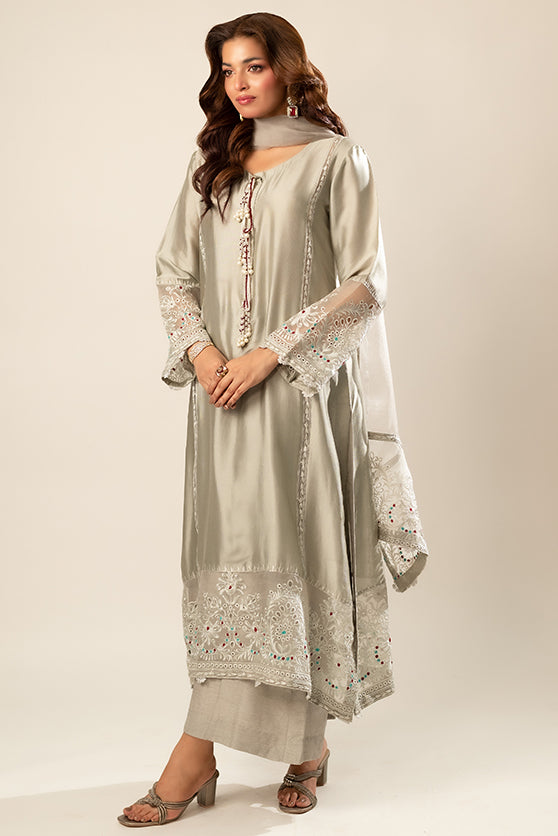 Pakistani Olive Green Embroidered Zari Silk Salwar Kameez (3-Piece) - Image 2