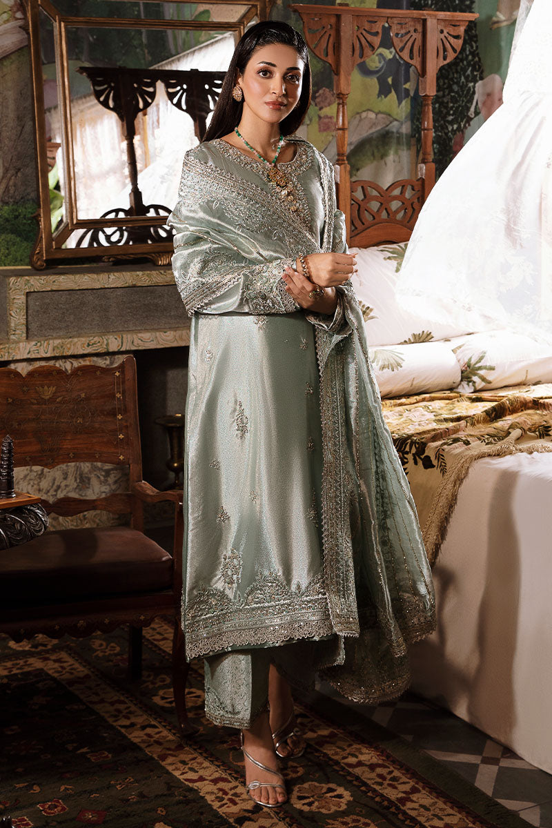 Pakistani Sea Green Hand-Embellished Zarri Silk Salwar Kameez (3-Piece) - Image 1