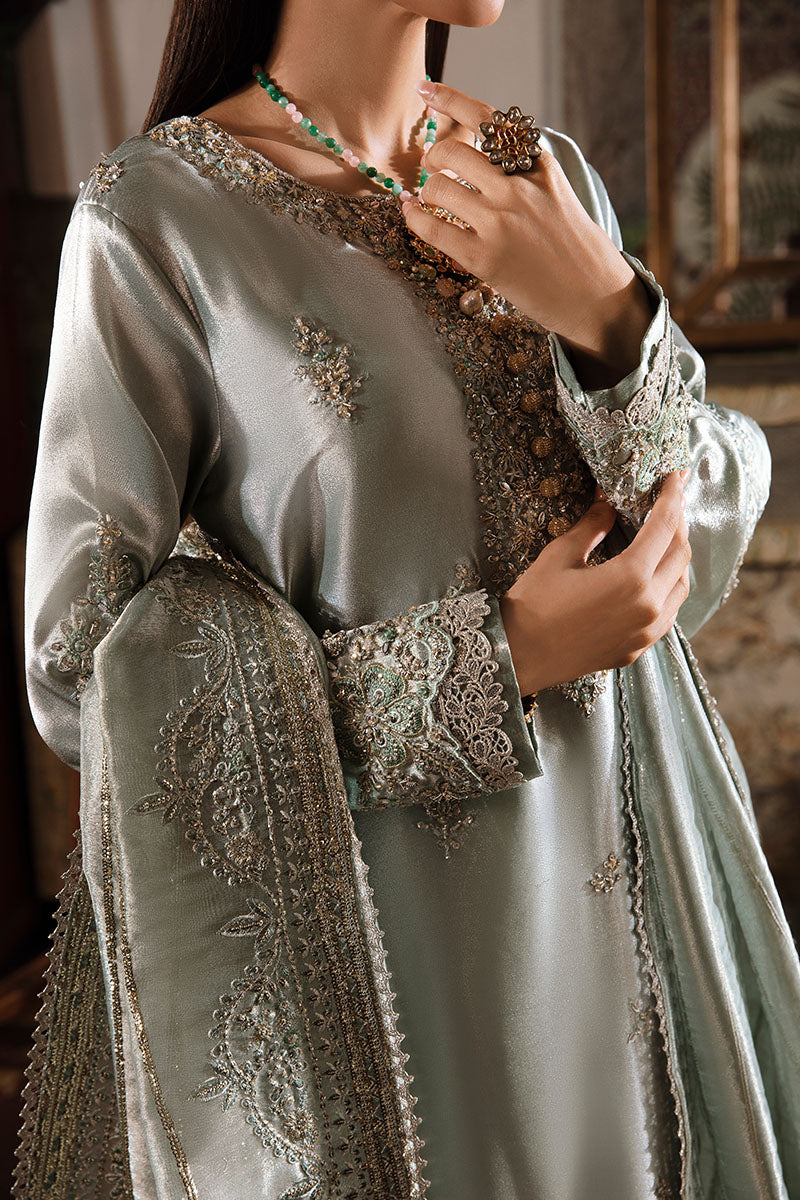 Pakistani Sea Green Hand-Embellished Zarri Silk Salwar Kameez (3-Piece) - Image 11