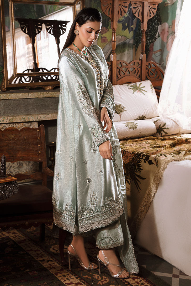 Pakistani Sea Green Hand-Embellished Zarri Silk Salwar Kameez (3-Piece) - Image 12