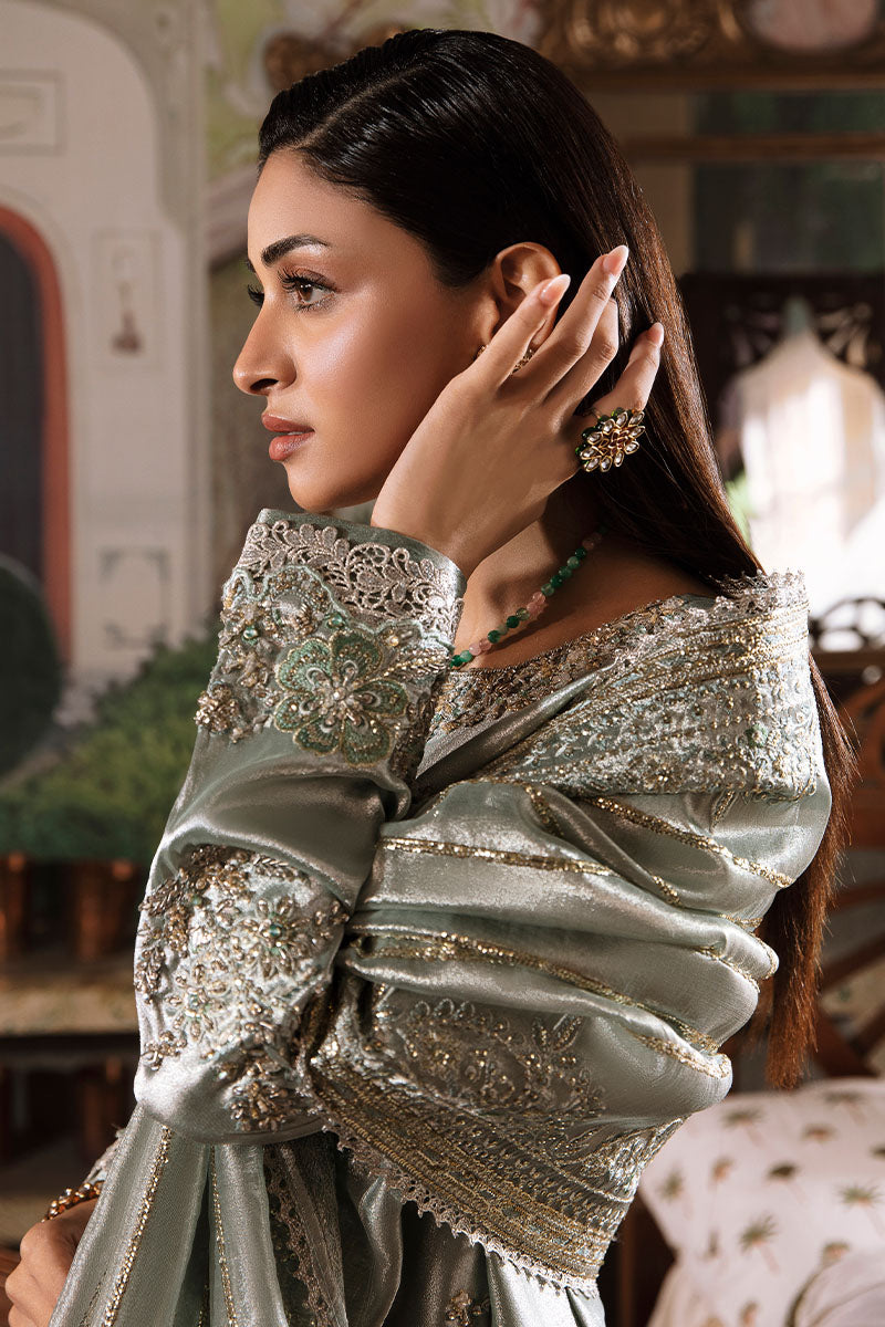 Pakistani Sea Green Hand-Embellished Zarri Silk Salwar Kameez (3-Piece) - Image 5