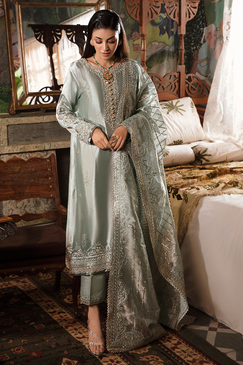 Pakistani Sea Green Hand-Embellished Zarri Silk Salwar Kameez (3-Piece) - Image 9