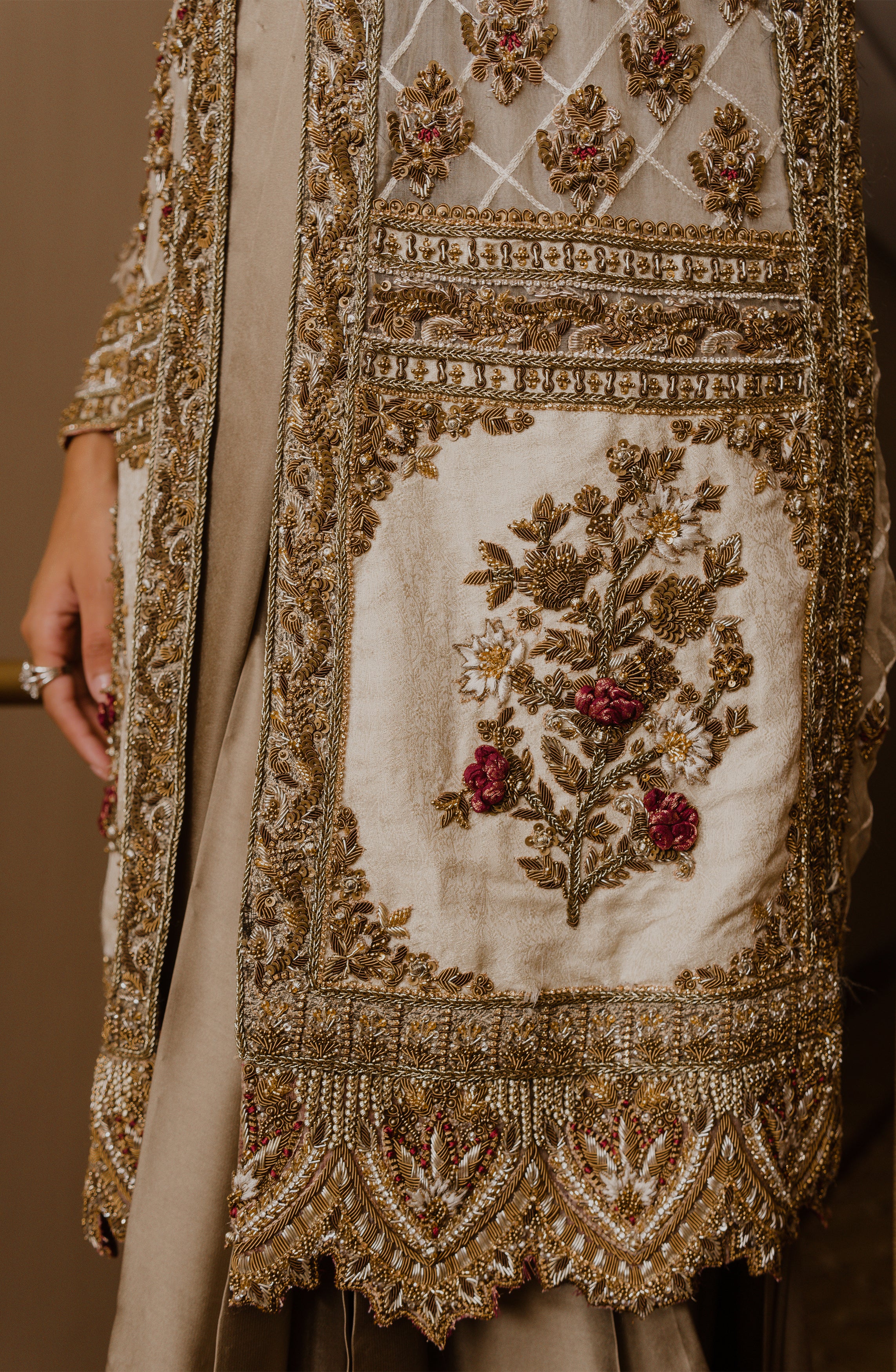 Pakistani Olive Green Embroidered Charmeuse Silk Saree (2-Piece) - Image 4