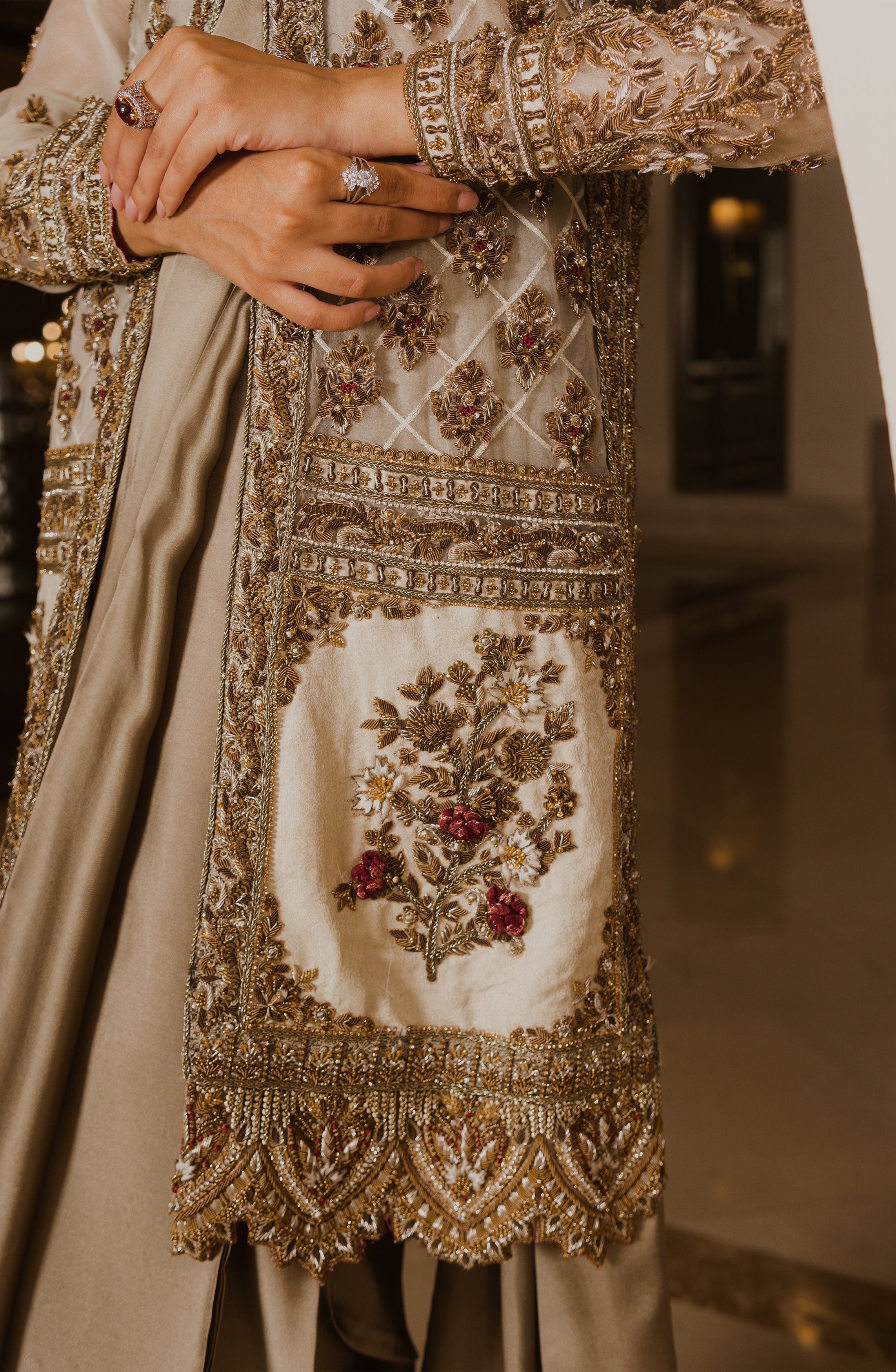 Pakistani Olive Green Embroidered Charmeuse Silk Saree (2-Piece) - Image 6