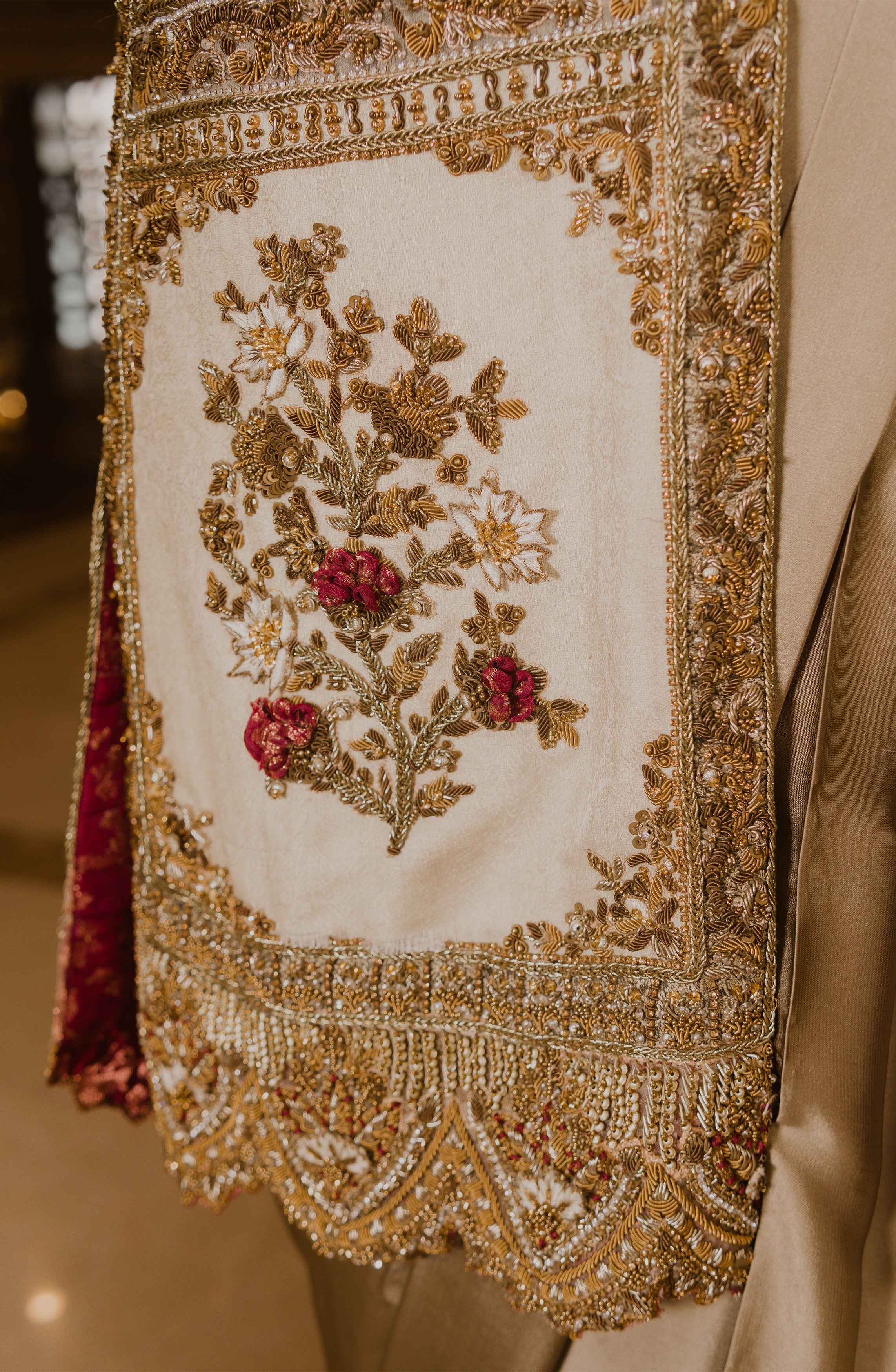 Pakistani Olive Green Embroidered Charmeuse Silk Saree (2-Piece) - Image 7