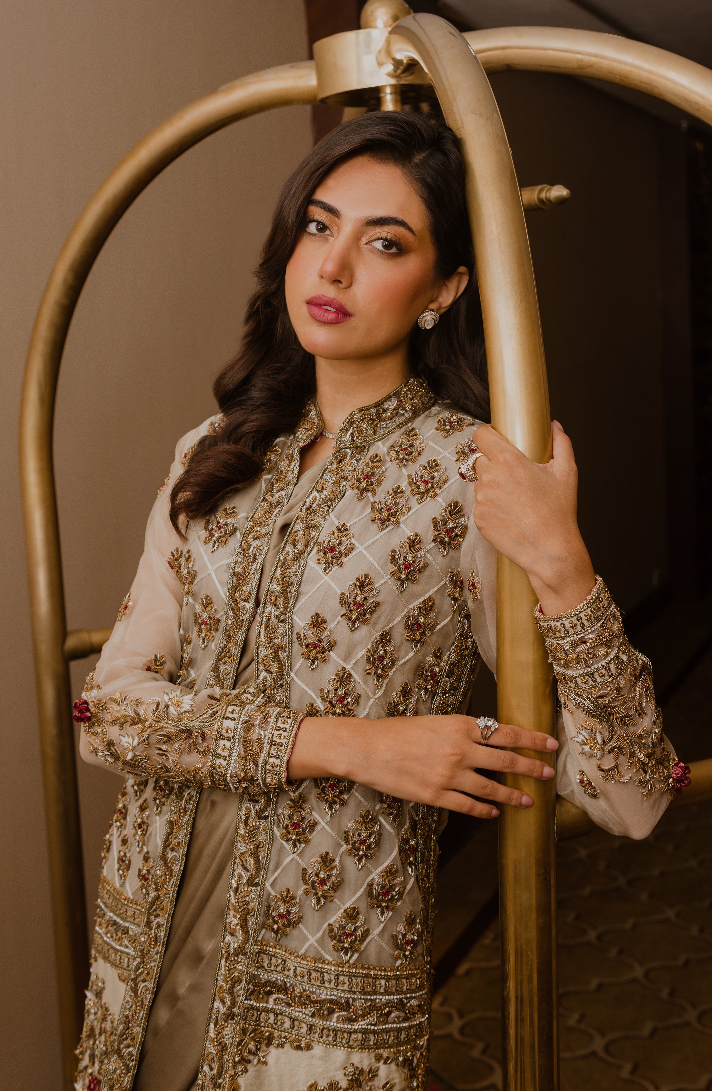 Pakistani Olive Green Embellished Charmeuse Silk Saree (2-Piece) - Image 3