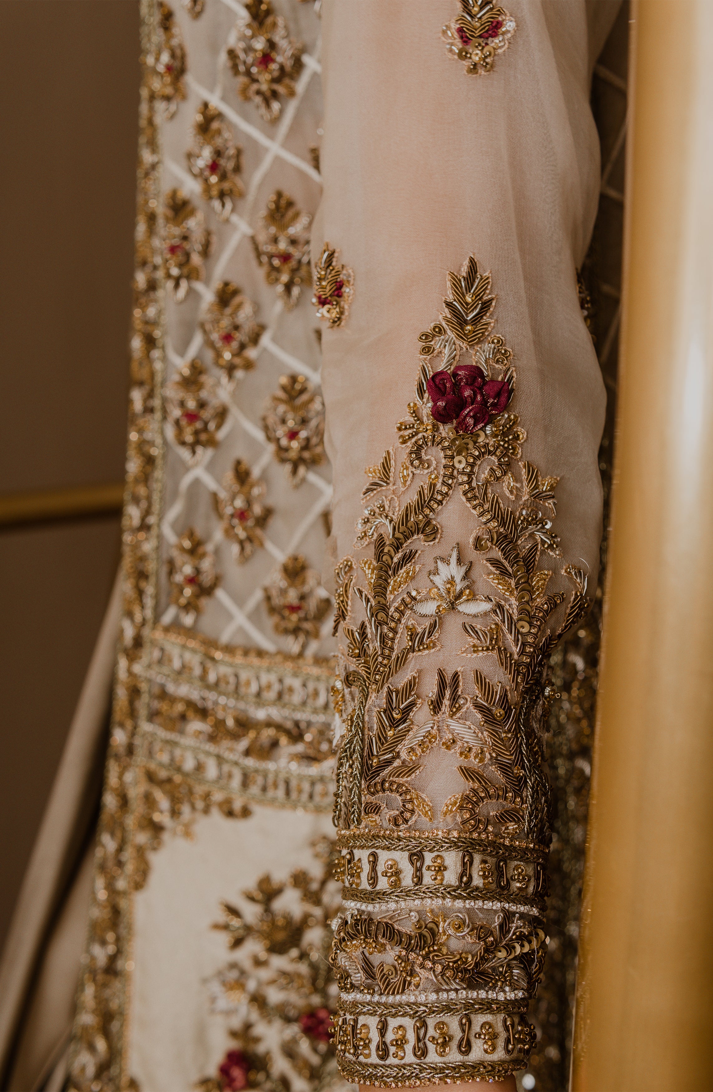 Pakistani Olive Green Embellished Charmeuse Silk Saree (2-Piece) - Image 5