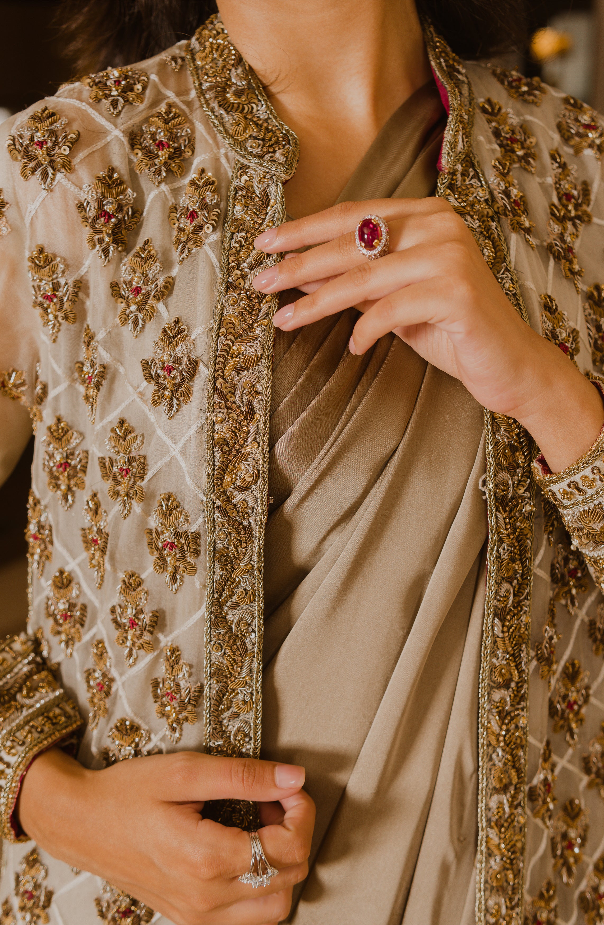 Pakistani Olive Green Embellished Charmeuse Silk Saree (2-Piece) - Image 8