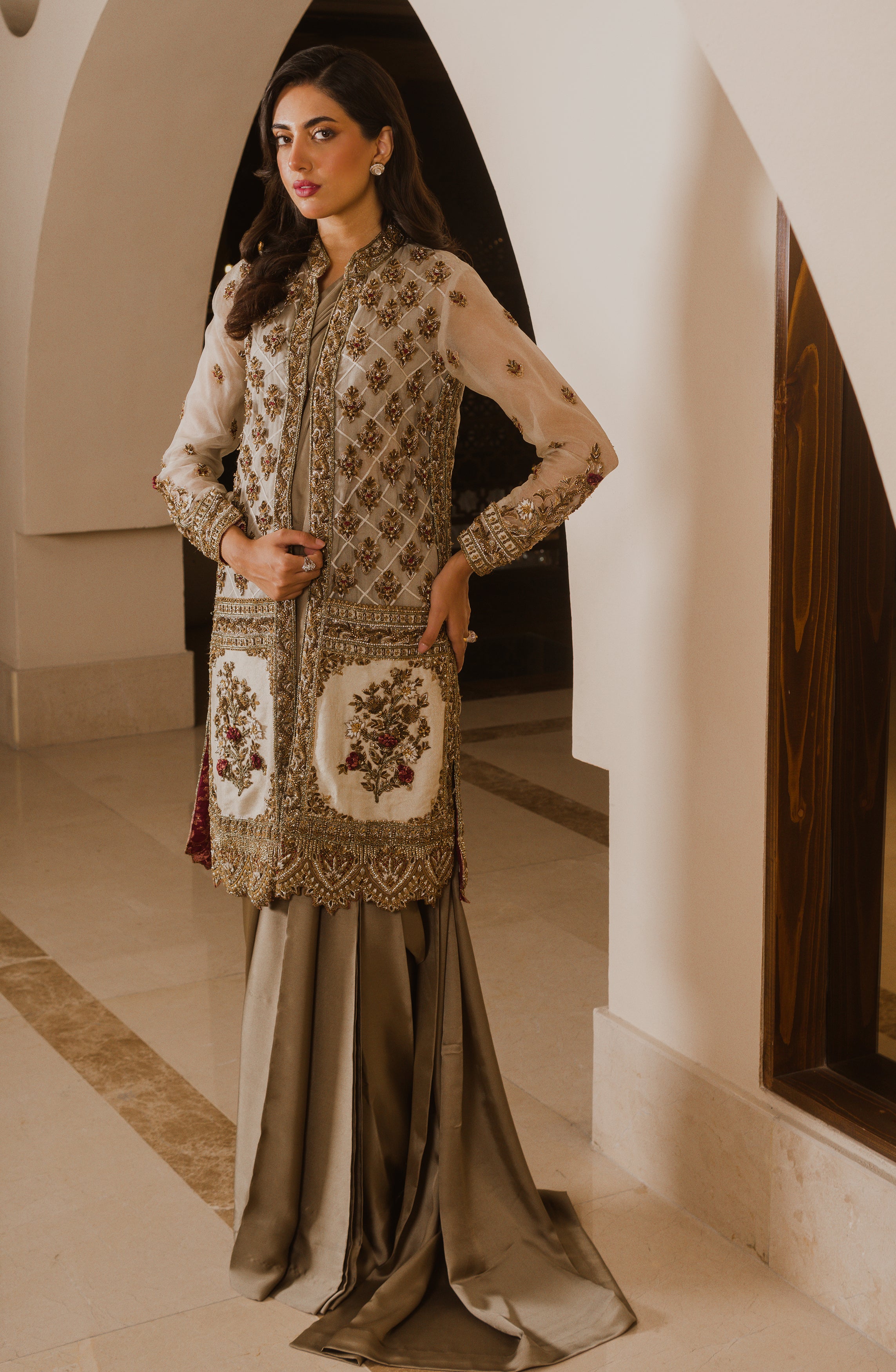 Pakistani Olive Green Embellished Charmeuse Silk Saree (2-Piece) - Image 9