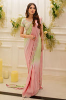 Pakistani Mint Green & Pink Handworked Charmeuse Silk Saree (2-Piece) - Image 2