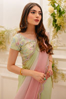 Pakistani Mint Green & Pink Handworked Charmeuse Silk Saree (2-Piece) - Image 3