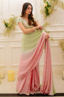 Pakistani Mint Green & Pink Handworked Charmeuse Silk Saree (2-Piece) - Image 4