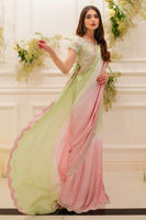 Pakistani Mint Green & Pink Handworked Charmeuse Silk Saree (2-Piece) - Image 5