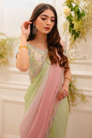 Pakistani Mint Green & Pink Handworked Charmeuse Silk Saree (2-Piece) - Image 6