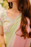 Pakistani Mint Green & Pink Handworked Charmeuse Silk Saree (2-Piece) - Image 7