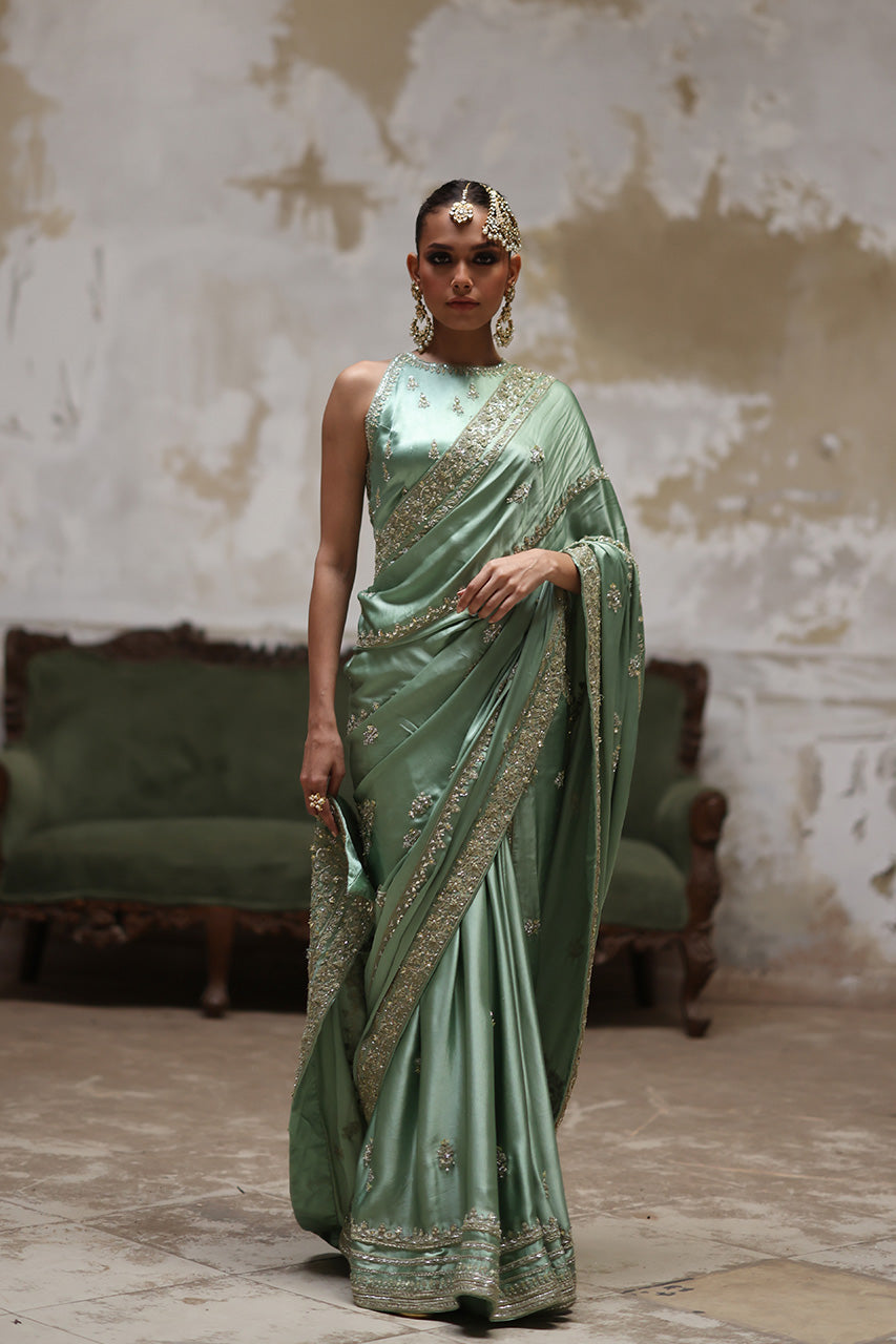 Green Marori Gota Charmeuse Silk Saree (2-Piece) - Image 1