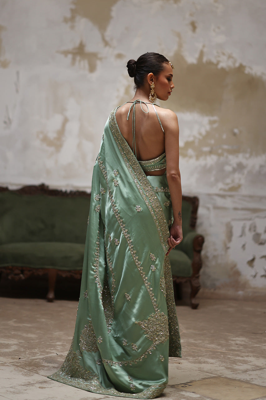 Green Marori Gota Charmeuse Silk Saree (2-Piece) - Image 2