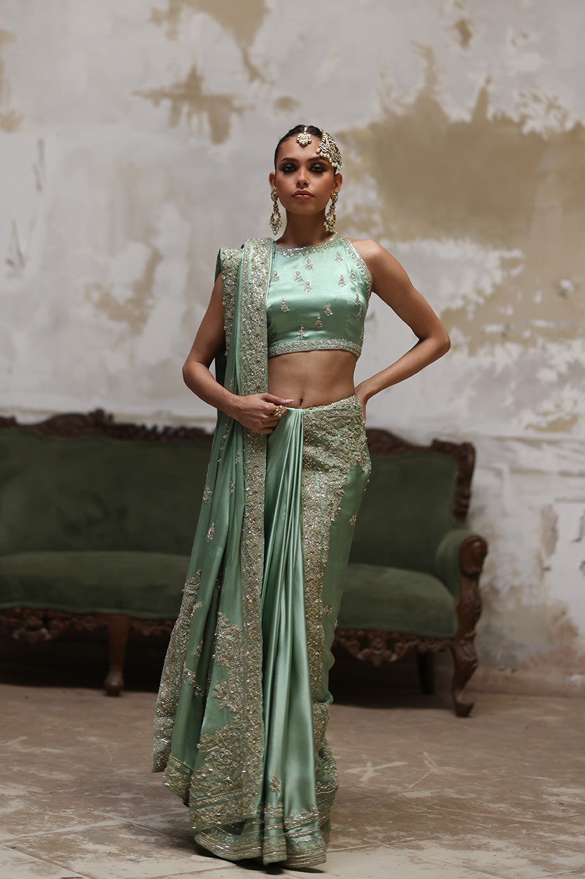 Green Marori Gota Charmeuse Silk Saree (2-Piece) - Image 3