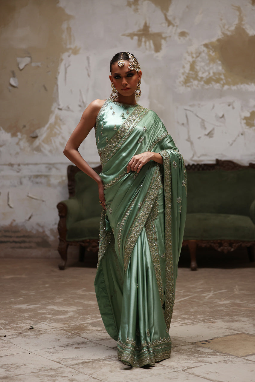 Green Marori Gota Charmeuse Silk Saree (2-Piece) - Image 4