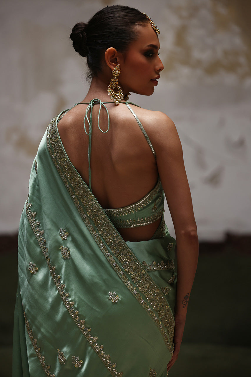 Green Marori Gota Charmeuse Silk Saree (2-Piece) - Image 5