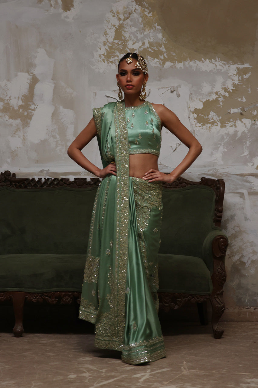 Green Marori Gota Charmeuse Silk Saree (2-Piece) - Image 6