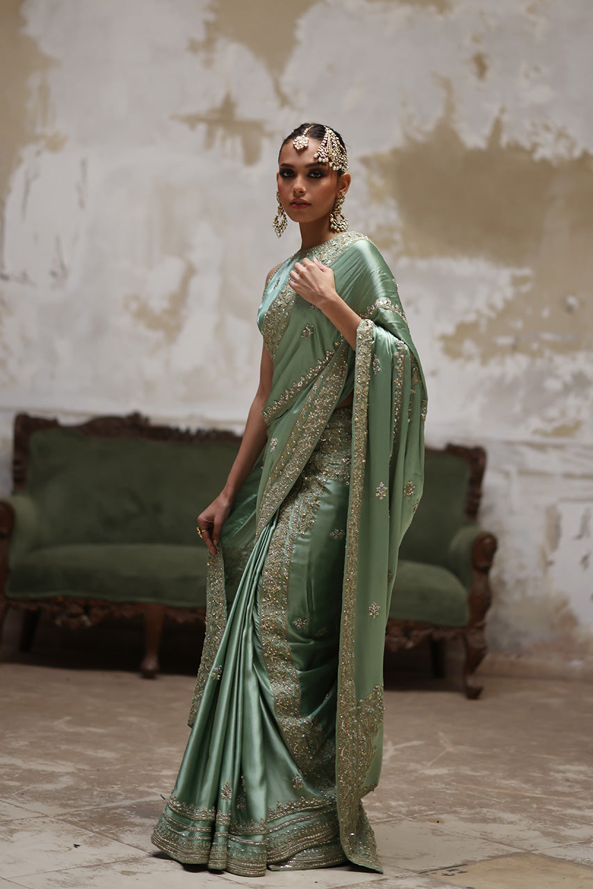 Green Marori Gota Charmeuse Silk Saree (2-Piece) - Image 7