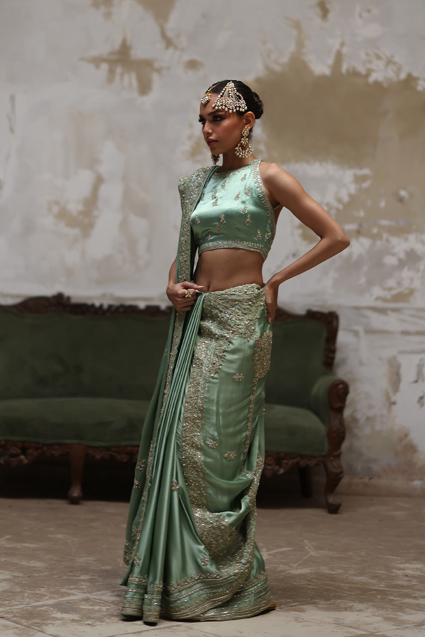 Green Marori Gota Charmeuse Silk Saree (2-Piece) - Image 8