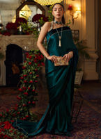 Emerald Green Embellished Charmeuse Silk Saree (2-Piece) - Image 2