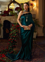 Emerald Green Embellished Charmeuse Silk Saree (2-Piece) - Image 3