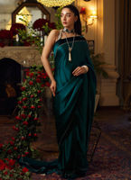 Emerald Green Embellished Charmeuse Silk Saree (2-Piece) - Image 4