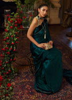 Emerald Green Embellished Charmeuse Silk Saree (2-Piece) - Image 5