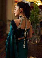 Emerald Green Embellished Charmeuse Silk Saree (2-Piece) - Image 7