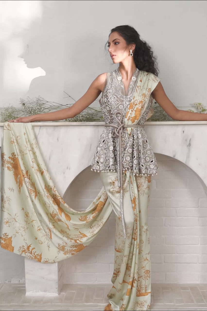 Pistachio Green Zardozi Charmeuse Saree (2-Piece) - Image 10