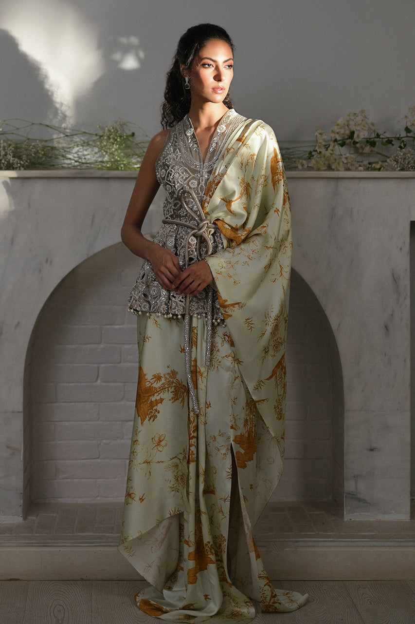 Pistachio Green Zardozi Charmeuse Sari (2-Piece) - Image 1