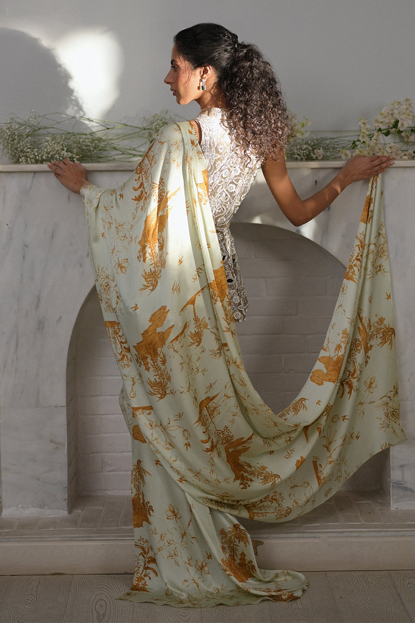 Pistachio Green Zardozi Charmeuse Sari (2-Piece) - Image 2