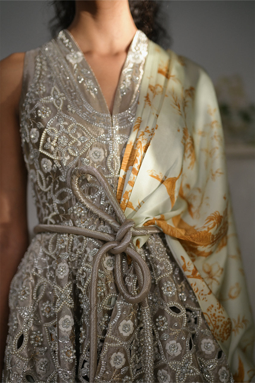 Pistachio Green Zardozi Charmeuse Sari (2-Piece) - Image 5