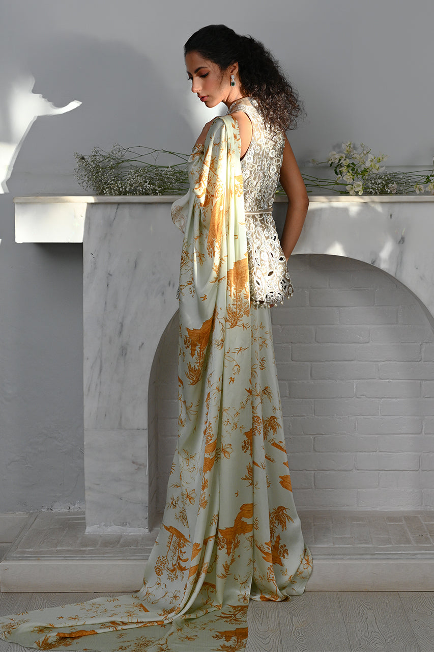 Pistachio Green Zardozi Charmeuse Sari (2-Piece) - Image 7